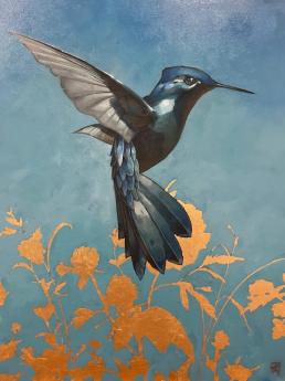 Iridescent Hummingbird with Golden Flowers by P. Colby Myer