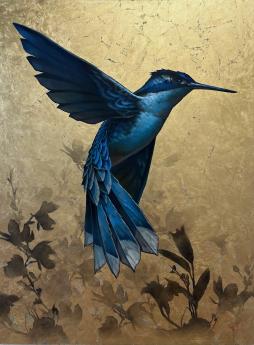 Blue Hummingbird with Golden Flowers by P. Colby Myer